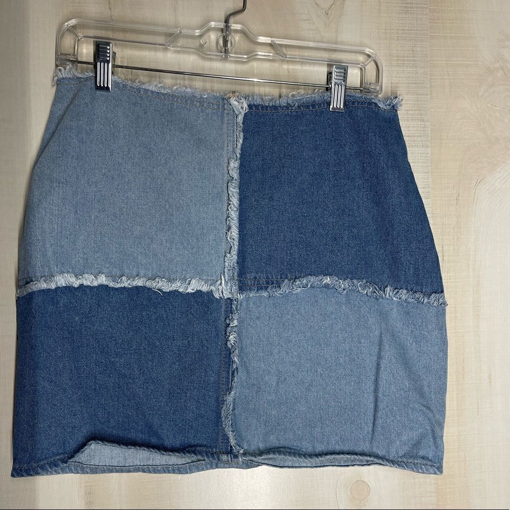 Blue blush denim jean‎ patchwork mini skirt, size Large